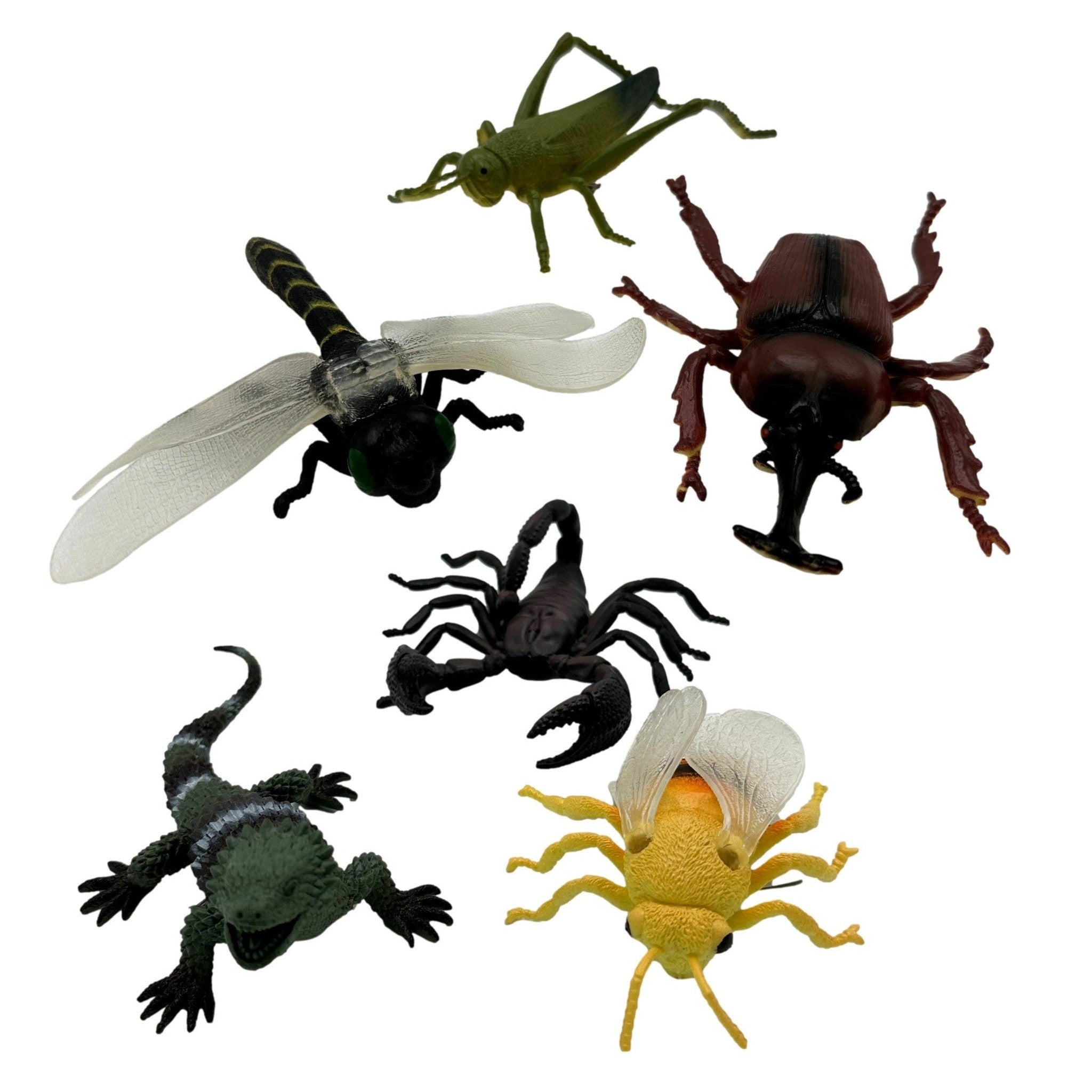 Assortment of plastic toy insects and reptile, including grasshopper, dragonfly, beetle, scorpion, lizard, and bee.